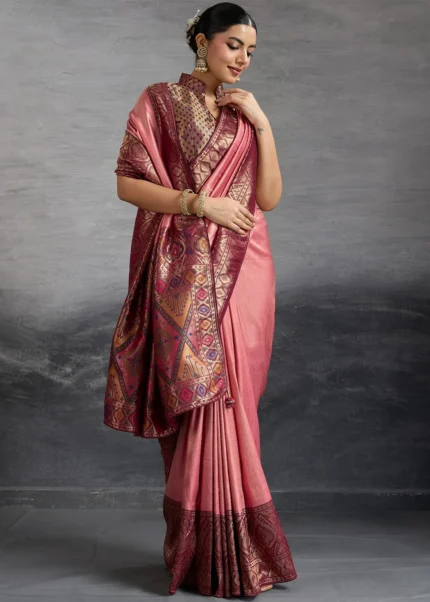 Rose Pink Kanjivaram Silk Saree with Meenakari