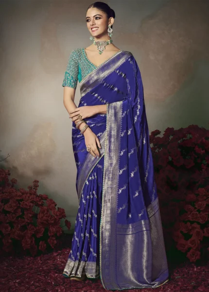 Royal Blue Banarasi Saree with Teal Embroidered Blouse
