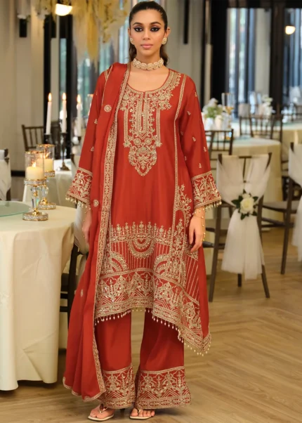 Rust Orange Embroidered Chinon Palazzo Suit with Mirror Work