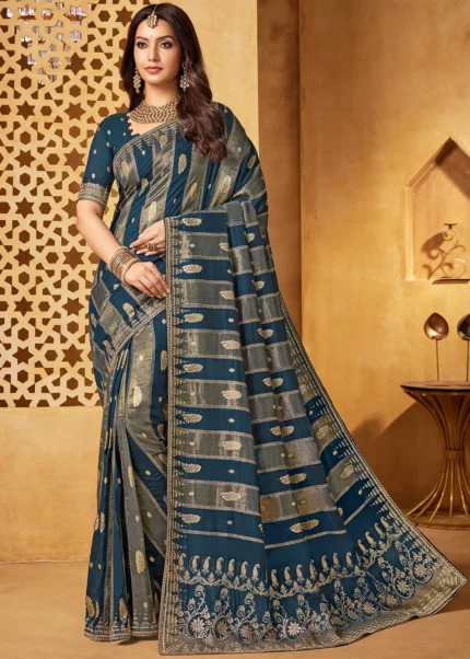 Sapphire Blue Banarasi Silk Saree with Stone Work