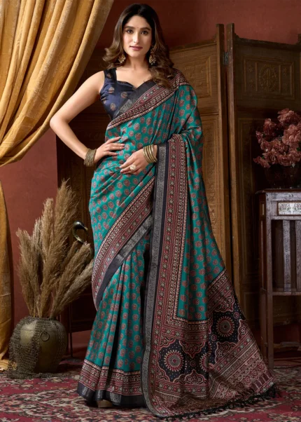 Teal & Navy Ajrakh Printed Satin Crepe Saree