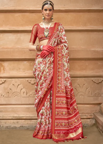 White and Red Printed Patola Silk Saree