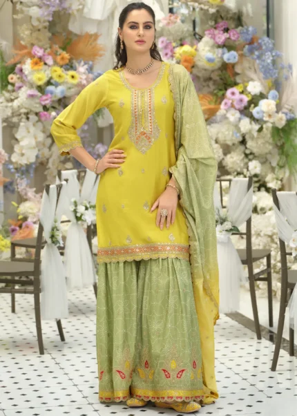 Yellow & Pista Green Embroidered Chinon Sharara Suit
