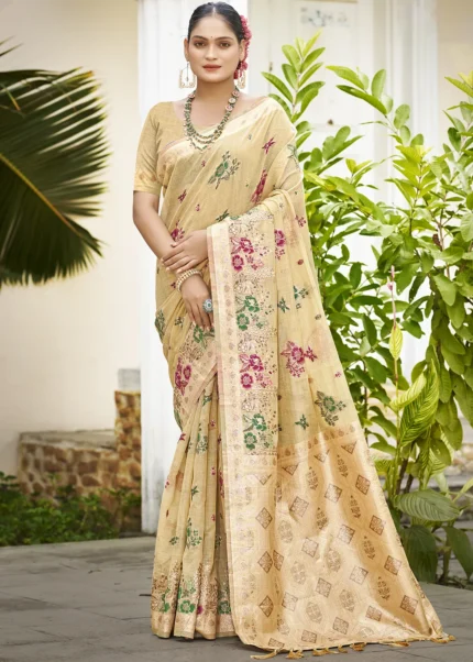 Beige Linen Silk Banarasi Saree with Meenakari
