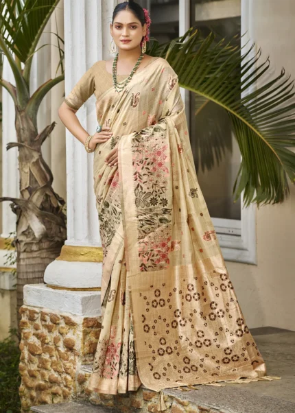 Beige Linen Silk Banarasi Saree with Meenakari Work