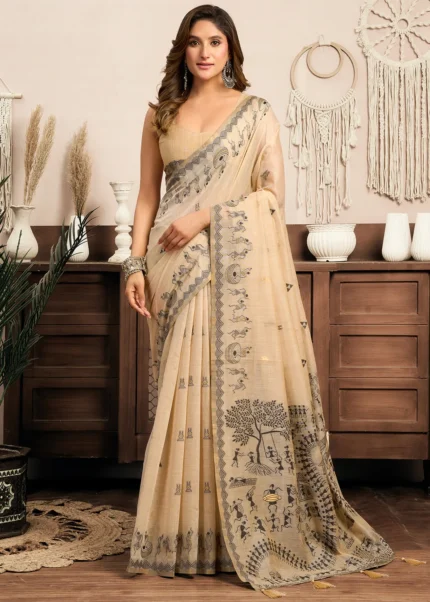 Beige Linen Worli Work Saree
