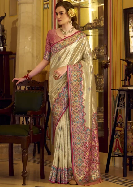 Beige Patola Tissue Silk Saree