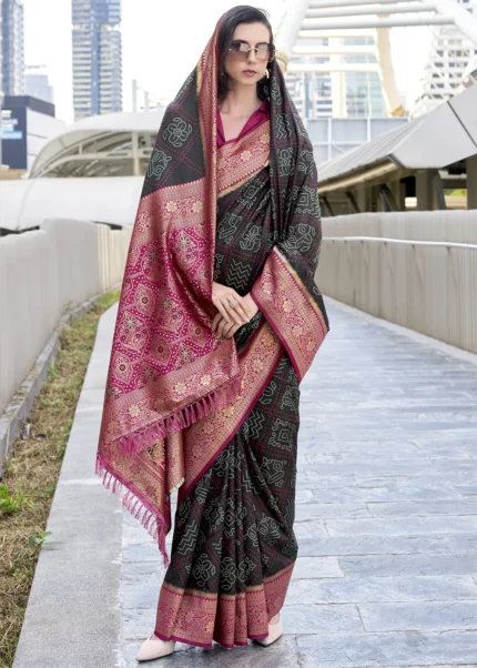 Black & Magenta Banarasi Silk Saree with Bandhani Pattern