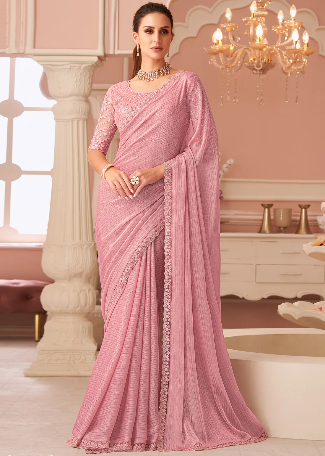 Blush Pink Embroidered Chiffon Saree with Embroidered Blouse Blush Pink Embroidered Chiffon Saree with Embroidered Blouse