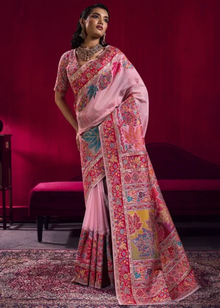 Blush Pink Kashmiri Jamawar Pashmina Saree