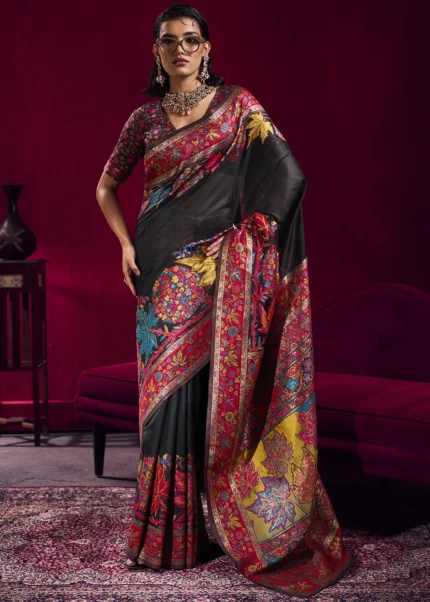 Charcoal Black Kashmiri Jamawar Pashmina Saree