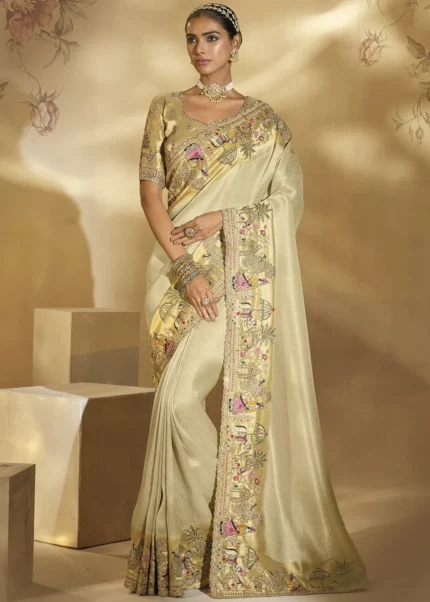 Cream Embroidered Silk Saree with Scalloped Border