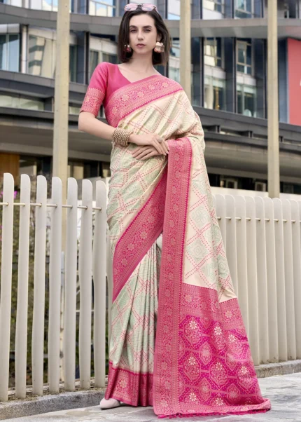 Cream & Pink Woven Banarasi Silk Saree