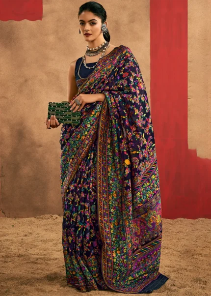 Dark Navy Kashmiri Jamawar Cotton Saree