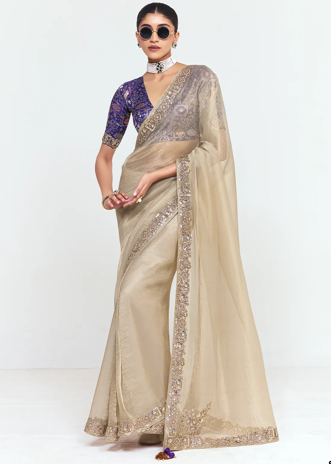 Embroidered Cream Organza Saree with Purple Blouse Embroidered Cream Organza Saree with Purple Blouse
