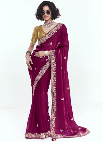 Embroidered Magenta Chiffon Saree with Yellow Blouse