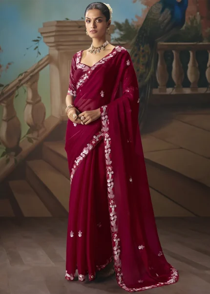 Embroidered Maroon Chiffon Saree
