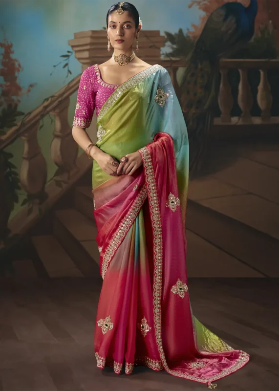 Embroidered Multicolor Tissue Silk Saree with Pink Blouse