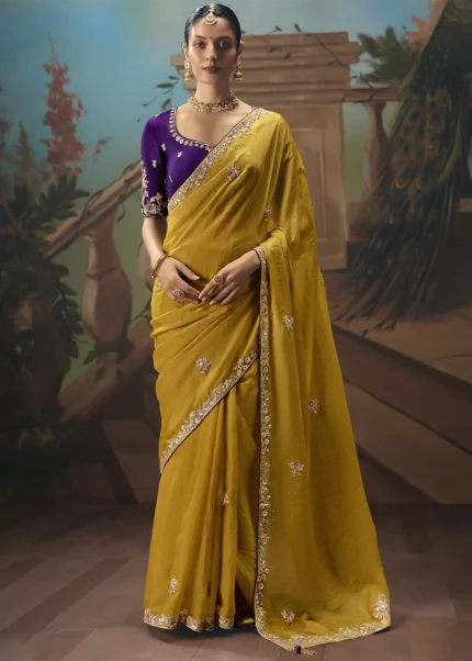 Embroidered Mustard Yellow Chiffon Saree
