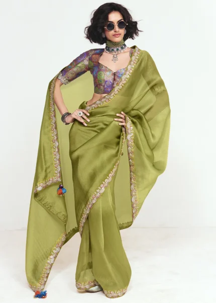 Embroidered Pastel Olive Green Chiffon Saree