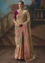 Embroidered Peach & Green Tissue Silk Saree