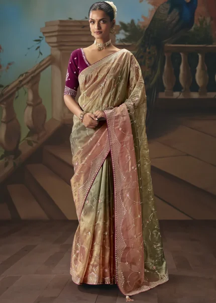 Embroidered Peach & Green Tissue Silk Saree