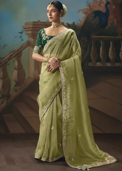 Embroidered Pista Green Chiffon Saree