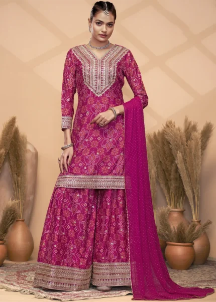Embroidered Rani Pink Bandhani Palazzo Suit with Mirror Work