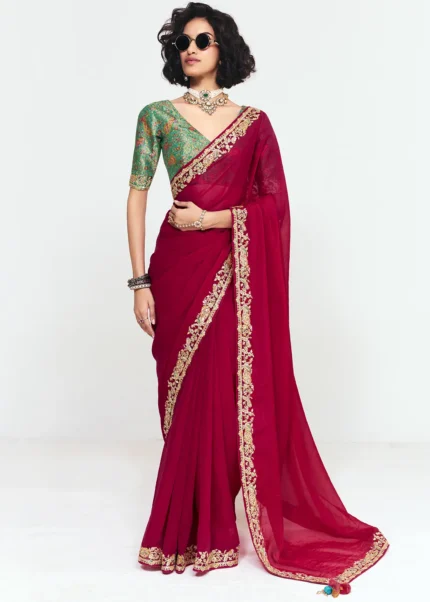 Embroidered Raspberry Red Georgette Saree with Green Blouse