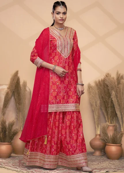 Embroidered Red Bandhani Palazzo Suit with Mirror Work