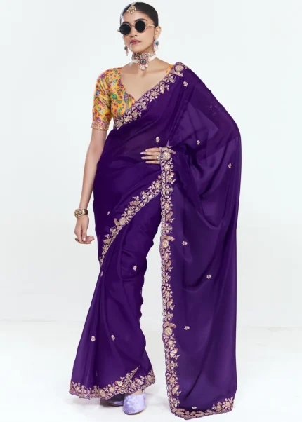 Embroidered Royal Purple Chiffon Saree