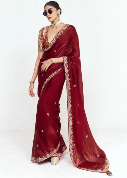 Embroidered Ruby Red Chiffon Saree with Designer Blouse