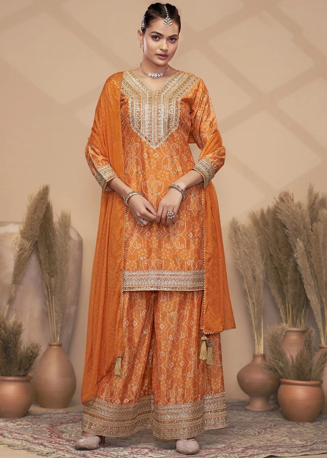Embroidered Salmon Orange Bandhani Palazzo Suit with Mirror Work Embroidered Salmon Orange Bandhani Palazzo Suit with Mirror Work