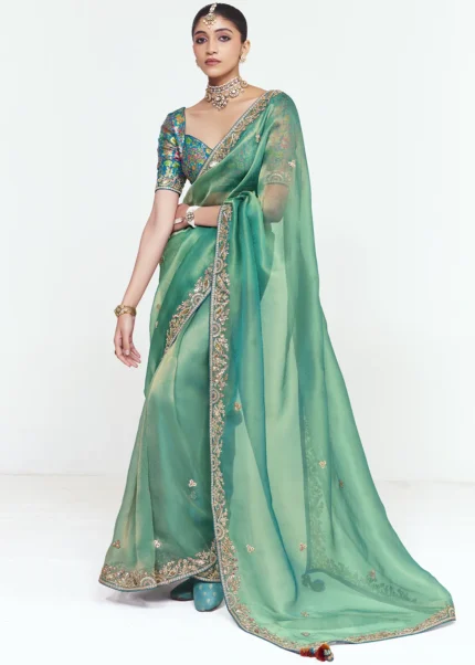 Embroidered Sea Green Organza Saree with Designer Blouse