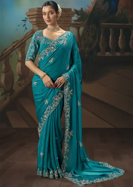 Embroidered Teal Chiffon Saree