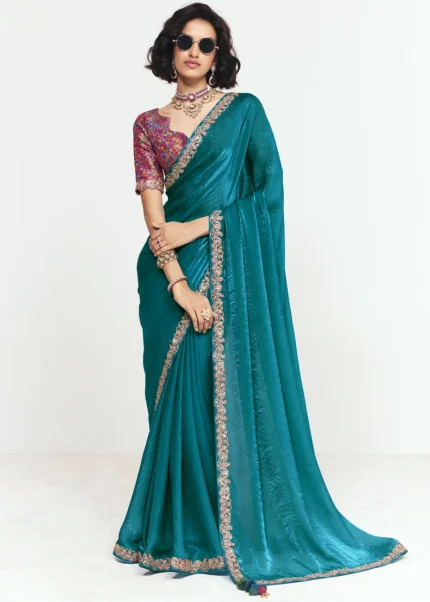 Embroidered Teal Chiffon Saree with Magenta Blouse