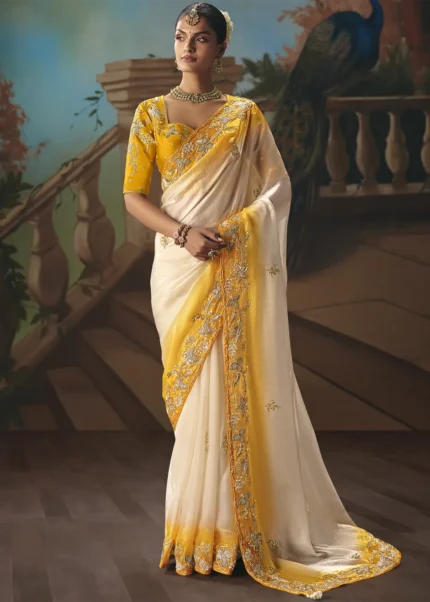Embroidered White Chiffon Saree with Yellow Blouse