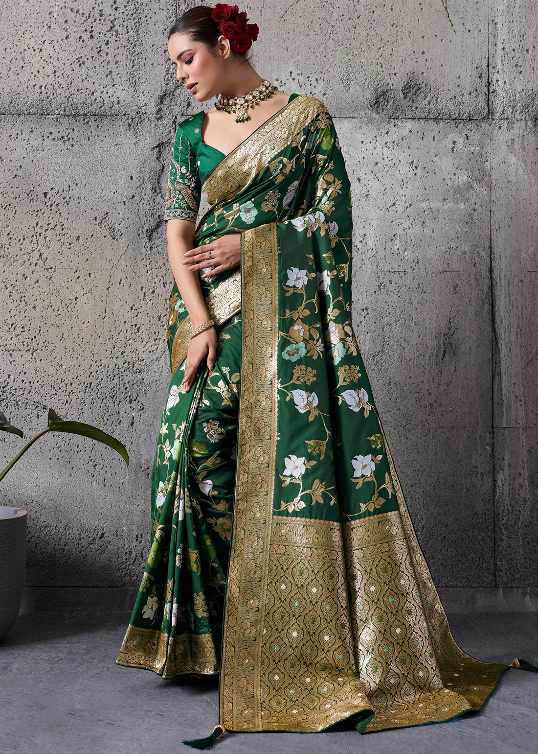 Emerald Green Banarasi Saree with Embroidered Blouse Emerald Green Banarasi Saree with Embroidered Blouse