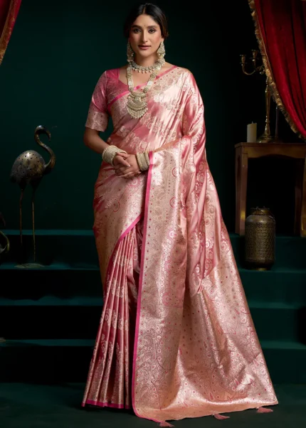 Flamingo Pink Banarasi Saree with Blouse Piece