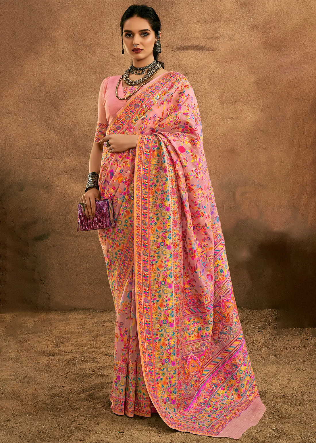 Flamingo Pink Kashmiri Jamawar Cotton Saree Flamingo Pink Kashmiri Jamawar Cotton Saree