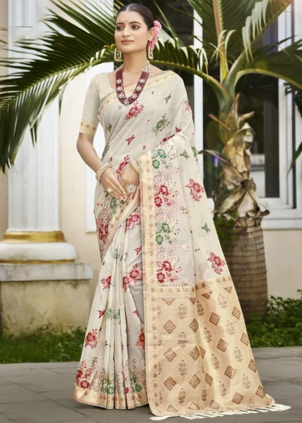 Ivory Linen Silk Banarasi Saree with Meenakari
