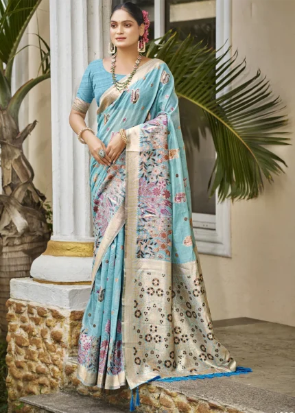 Light Blue Linen Silk Banarasi Saree with Meenakari Work