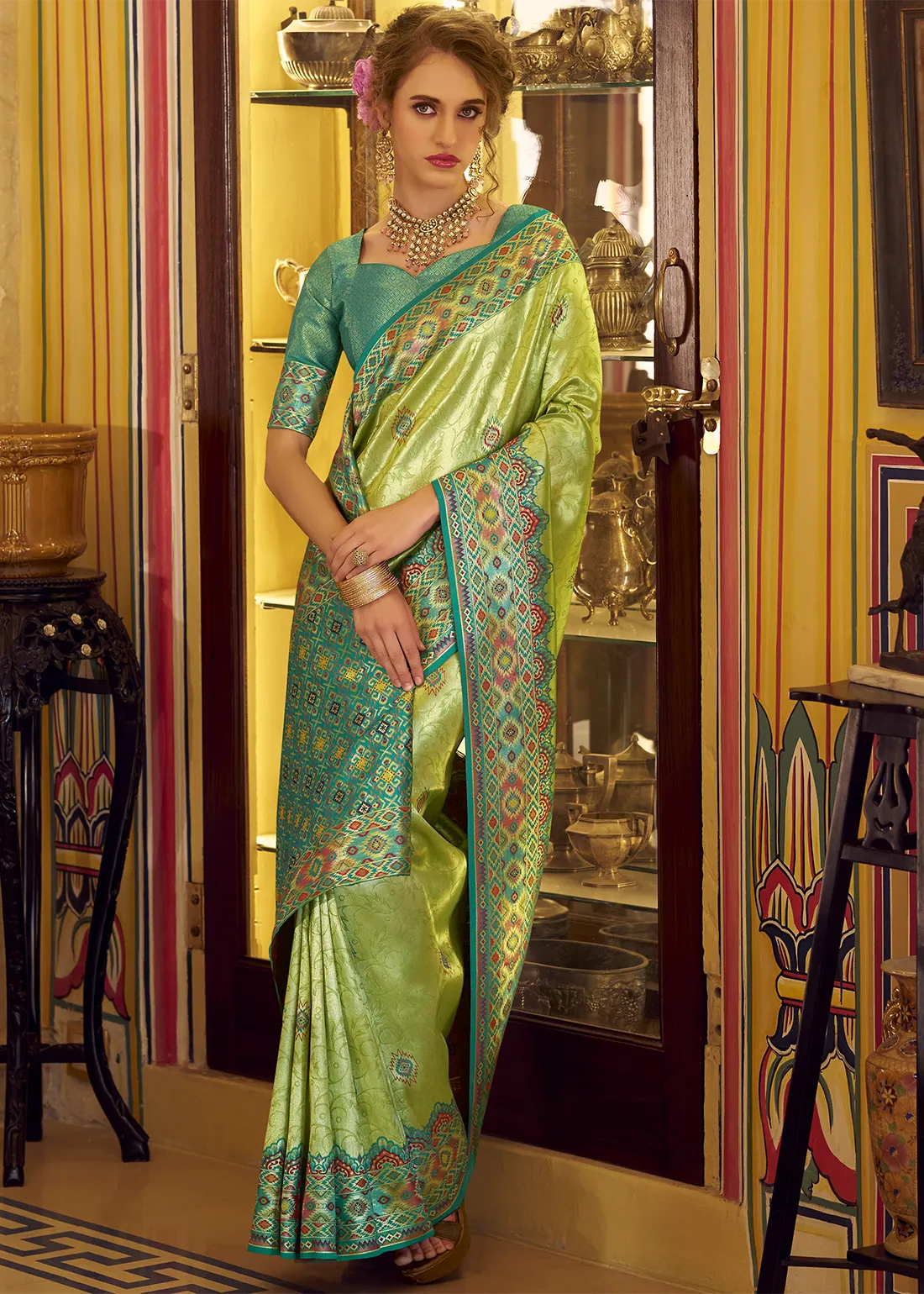 Lime Green Patola Tissue Silk Saree Lime Green Patola Tissue Silk Saree