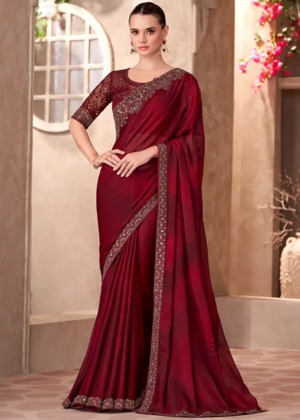 Maroon Embroidered Chiffon Saree with Embroidered Blouse