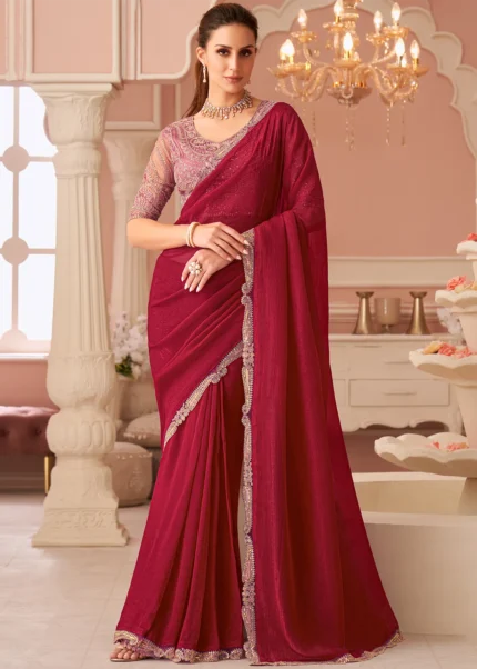 Maroon Embroidered Chiffon Saree with Embroidered Blouse