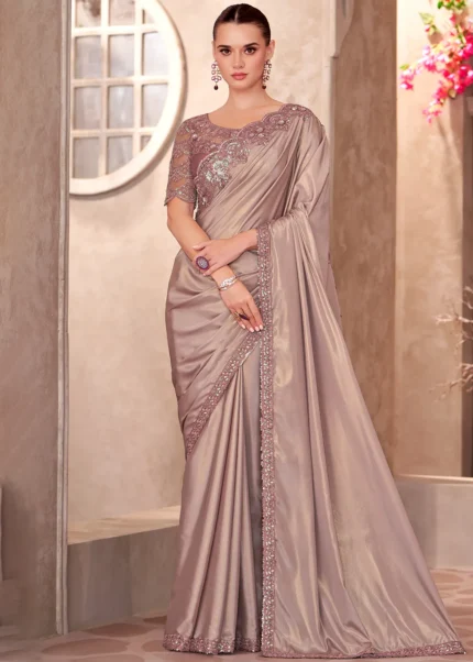 Mauve Embroidered Satin Silk Saree with Embroidered Blouse