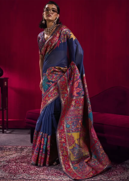 Midnight Blue Kashmiri Jamawar Pashmina Saree
