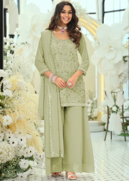 Mint Green Georgette Palazzo Suit with Embroidery