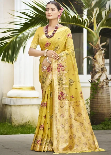 Mustard Yellow Linen Silk Banarasi Saree with Meenakari
