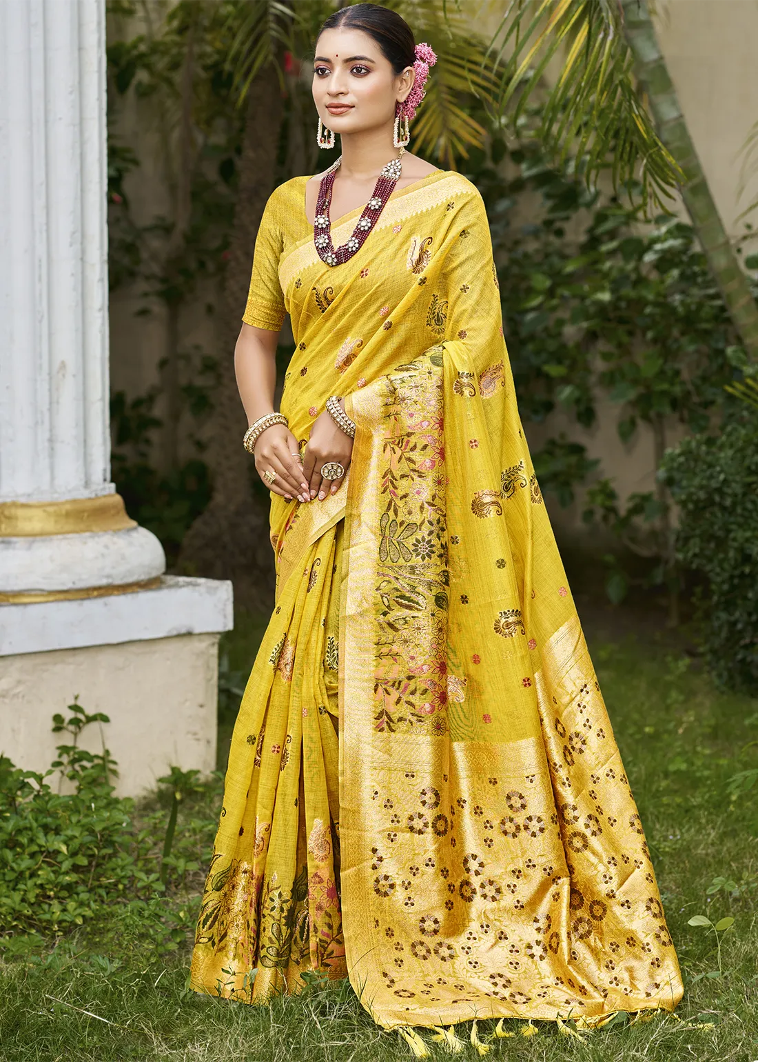 Mustard Yellow Linen Silk Banarasi Saree with Meenakari Work Mustard Yellow Linen Silk Banarasi Saree with Meenakari Work